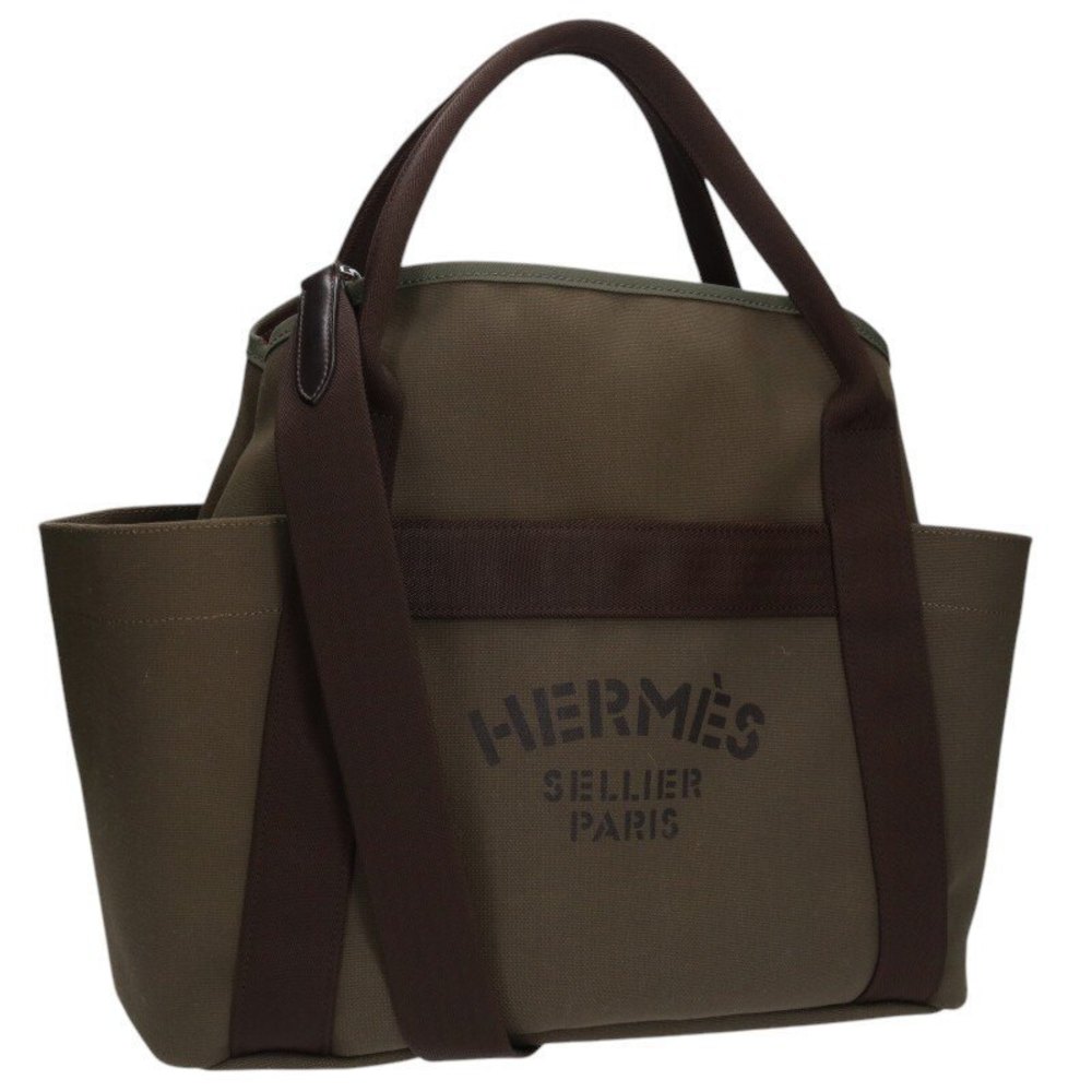 Hermes Bridle Groom Pantherage Chevron Sacked Handbag Green Toile Brown Khaki